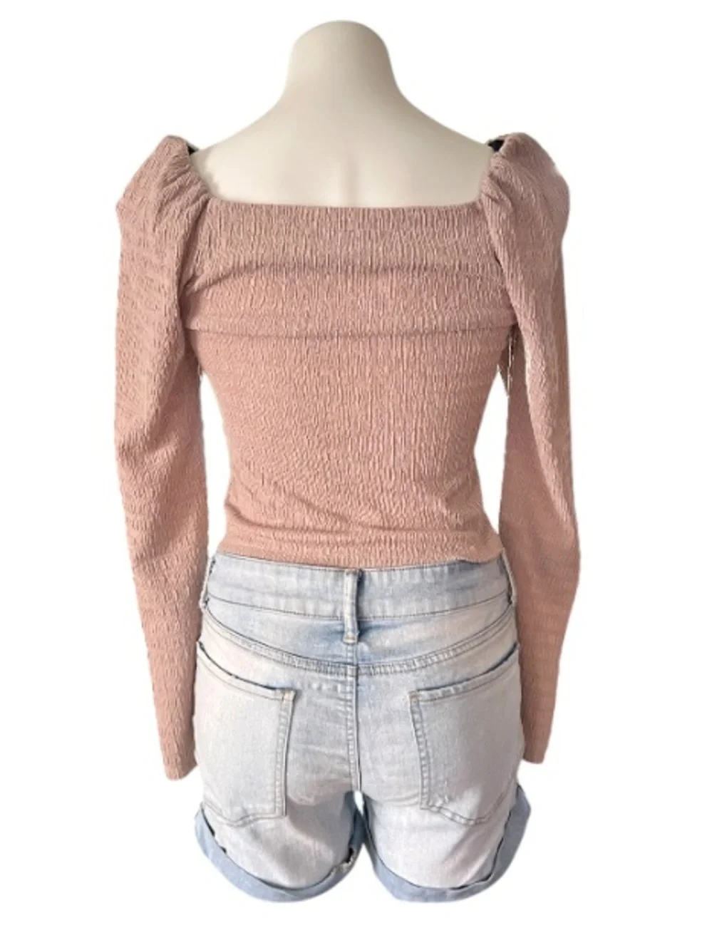 H&M Beige Smocked Puff Sleeve Crop Top XS Cottagecore Neutral